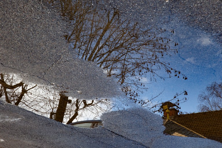 Baum spiegelt sich in Wasserpfütze, blauer Himmel, Asphalt wirkt wie Sternenhimmel